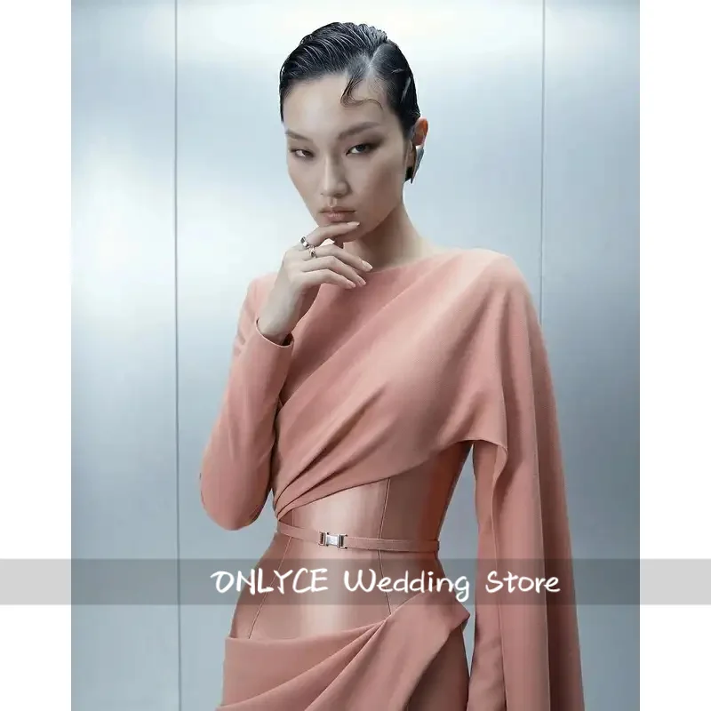 Elegant Blush Pink Satin Gown with Draped Cape Sleeves, Belted Waist & Flowy Floor-Length Silhouette – Lili's Couture Collection