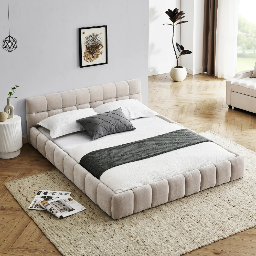 

Queen Size Upholstered Bed Frame with Thick Fabric, Chenille Fabric Grounded Platform Bed with Headboard and Solid Frame