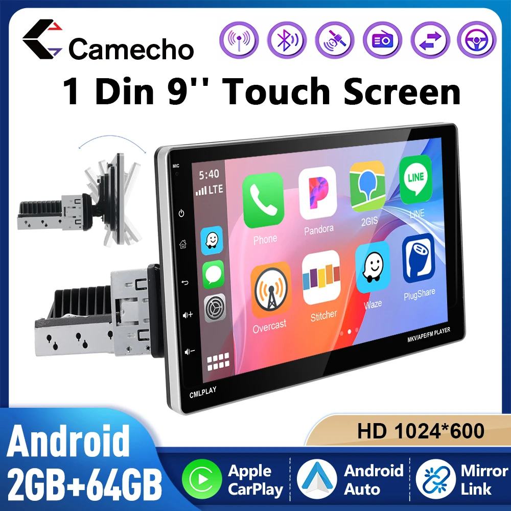 Inefala 1 Din Autoradio 2 + 64G 9 ''Schermo Girevole Wireless Carplay Android Auto GPS Stereo Bluetooth Wifi Lettore Multimediale