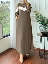 2024 Winter Dresses ZANZEA Autumn Patchwork Sundress Muslim Women Fashion Long Sleeve Knitted Dress Robe Femme Islamic Clothing