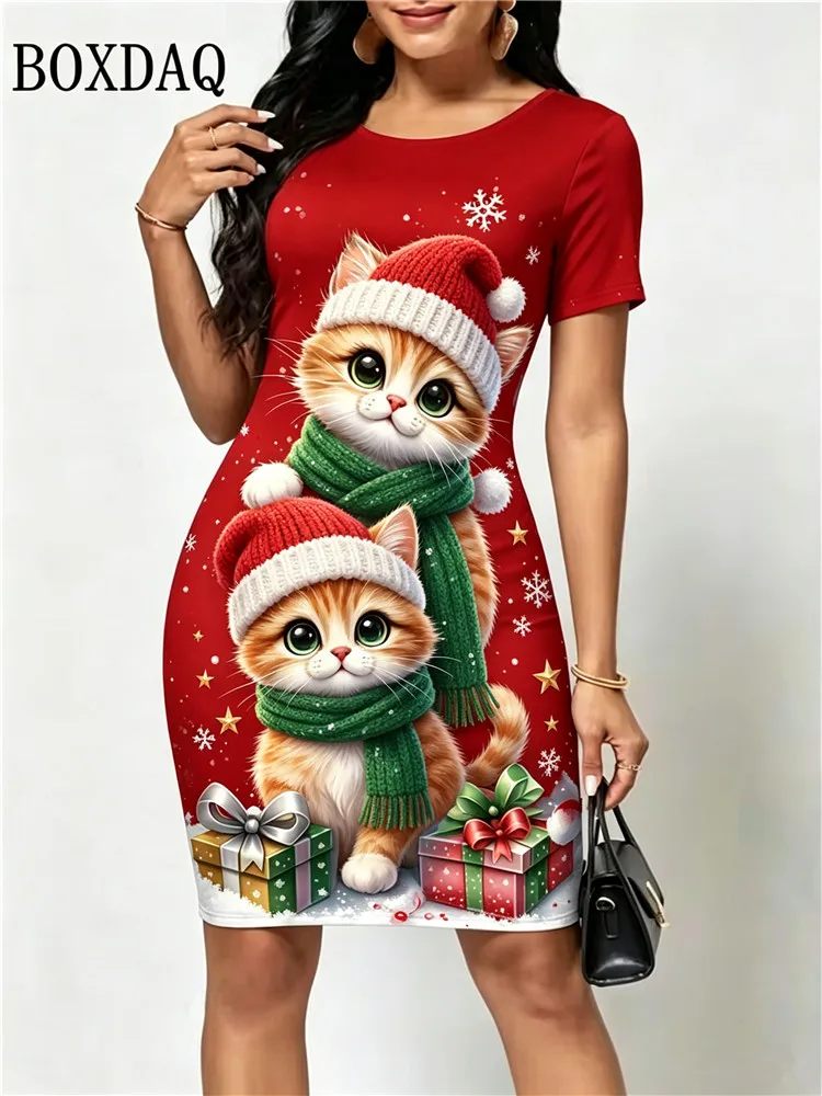 Summer Women's Christmas Fashion Party Bodycon Dress New Short Sleeve Round Neck Cute Cat Pattern Printed Package Hips Dresses
