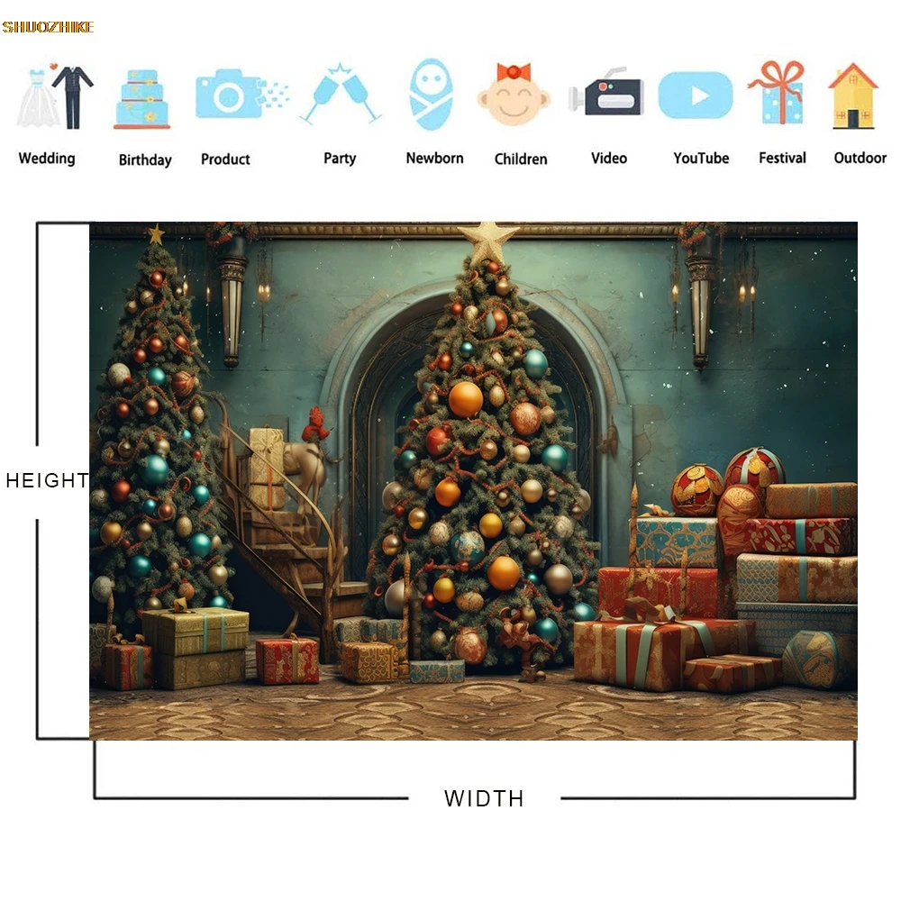 Christmas Backdrop Xmas Tree Gift Window Fireplace Family Party Decor Portrait Photography Background for Photo Studio