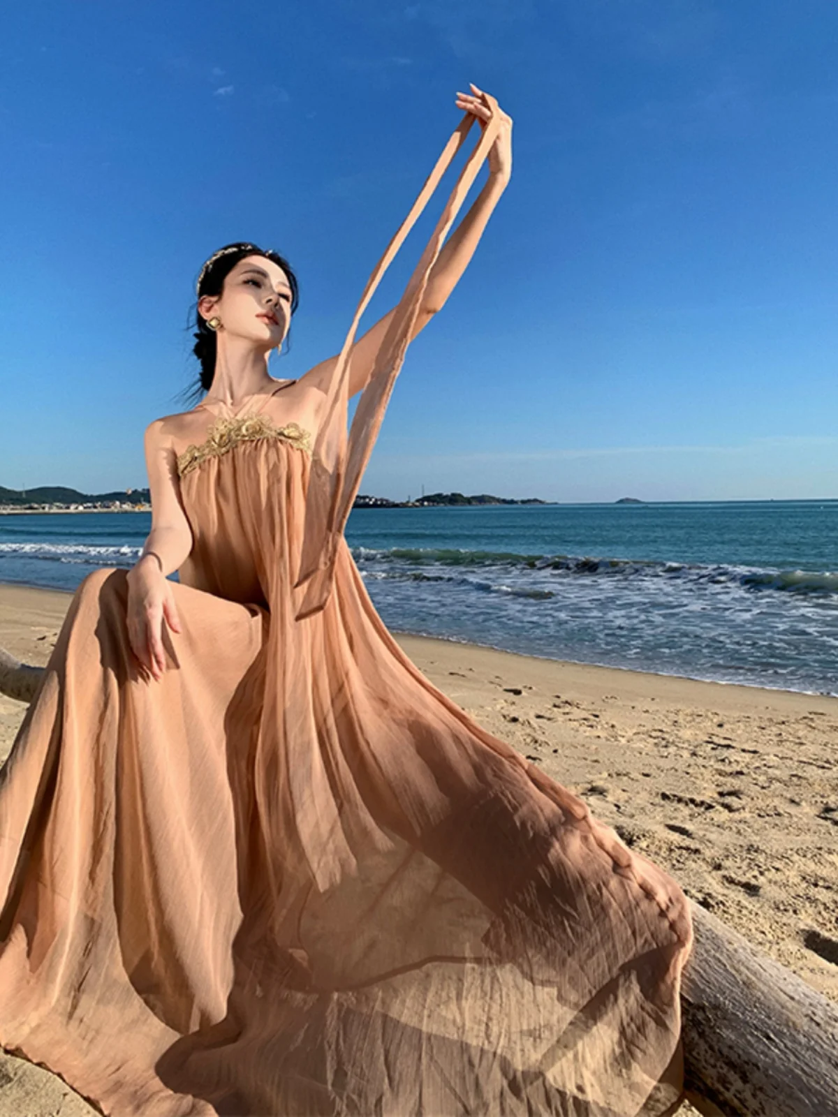 ボヘミアンシックなゆったりとしたロングビーチドレス、フェアリーTのようなスカート、夏のバケーションにぴったりのカジュアルで快適なポリエステルシフォンガウン