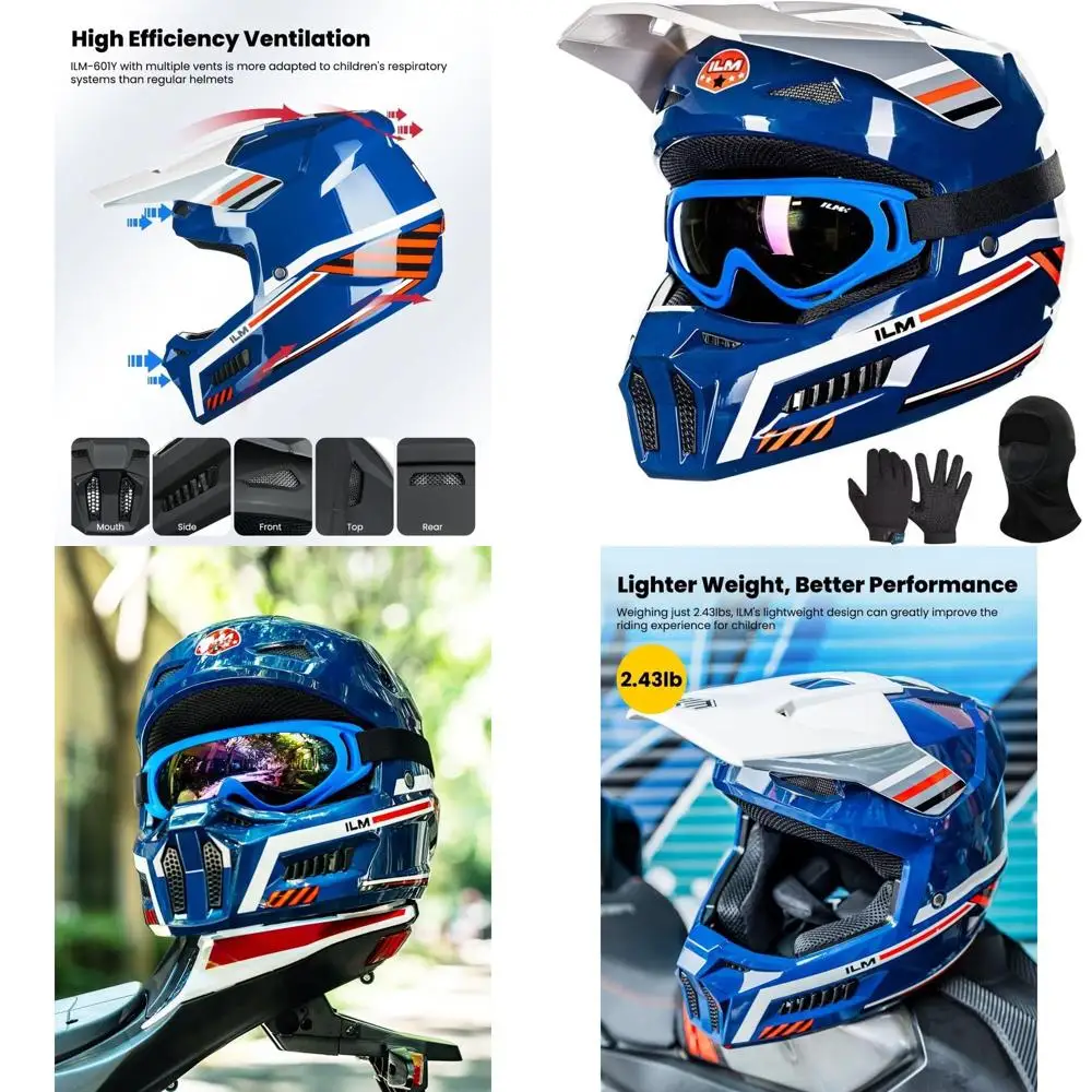

Youth Dirt Bike Helmet for Kids ATV & BMX with Goggles, Gloves, and Mask - DOT Certified, Spacewalk Blue, Youth-Medium
