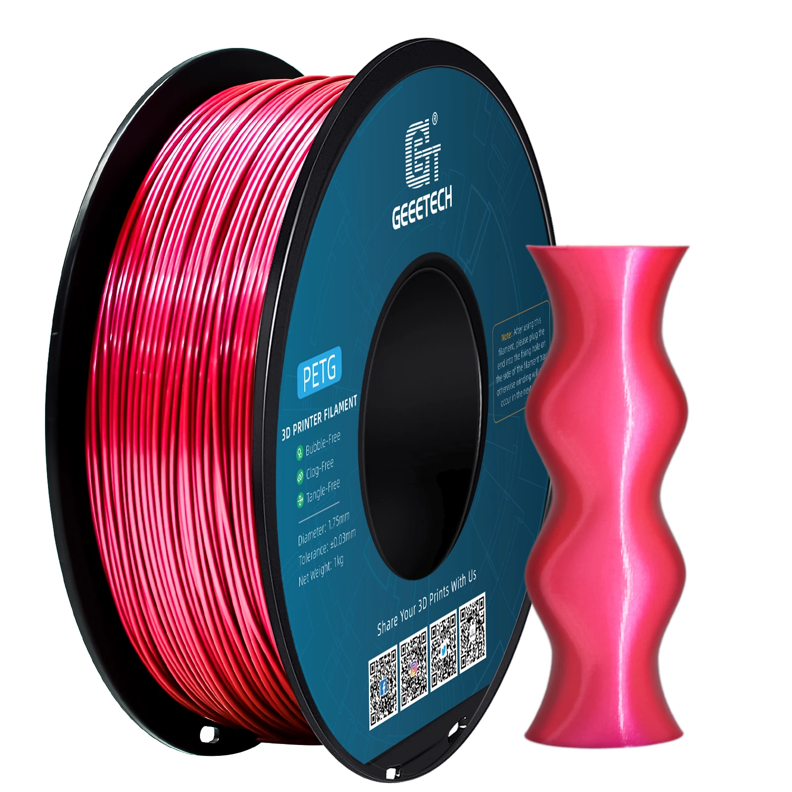 Filament Geeetech PETG, lustré métallique, 1 kg (2,2 lb), 1,75 mm (+/- 0,02 mm), facile à imprimer, compatible avec la plupart des imprimantes 3D, enroulé soigneusement, FDM