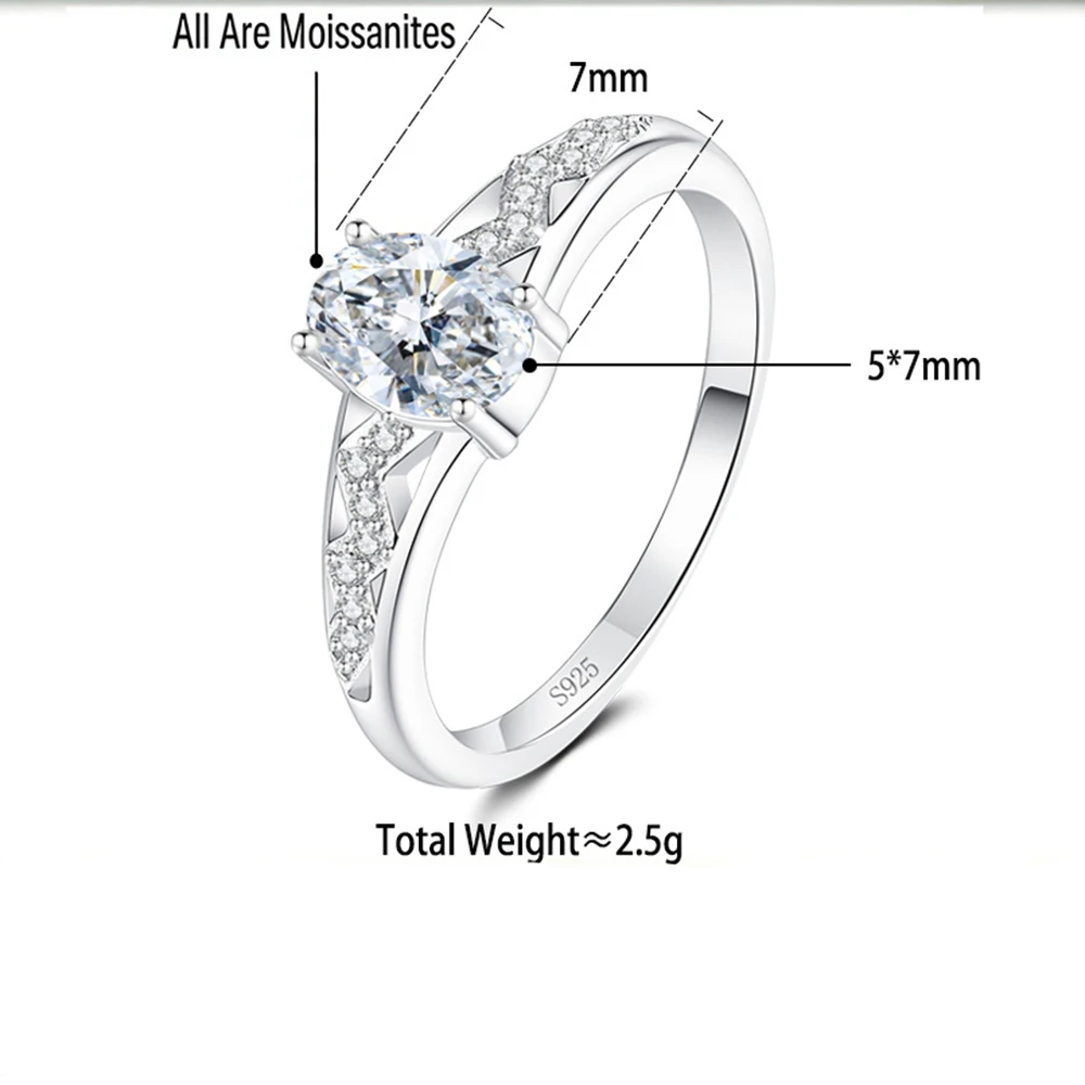 5*7mm D Color 1ct Moissanite Ring S925 Sterling Silver Zircon Wedding Rings for Woman Party High-End Jewelry Gift