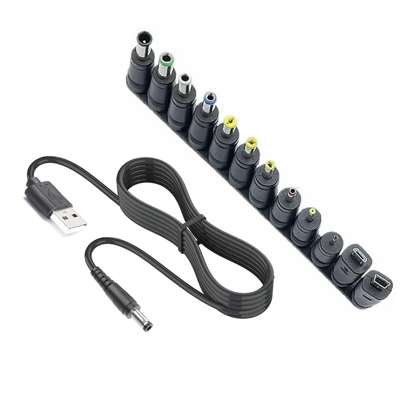1M/2M USB to DC Power Cable, DC 5V Power Cord 5.5 2.1mm Jack Charging Cable with 12 Interchangeable Plug Adapters for 5V Devices