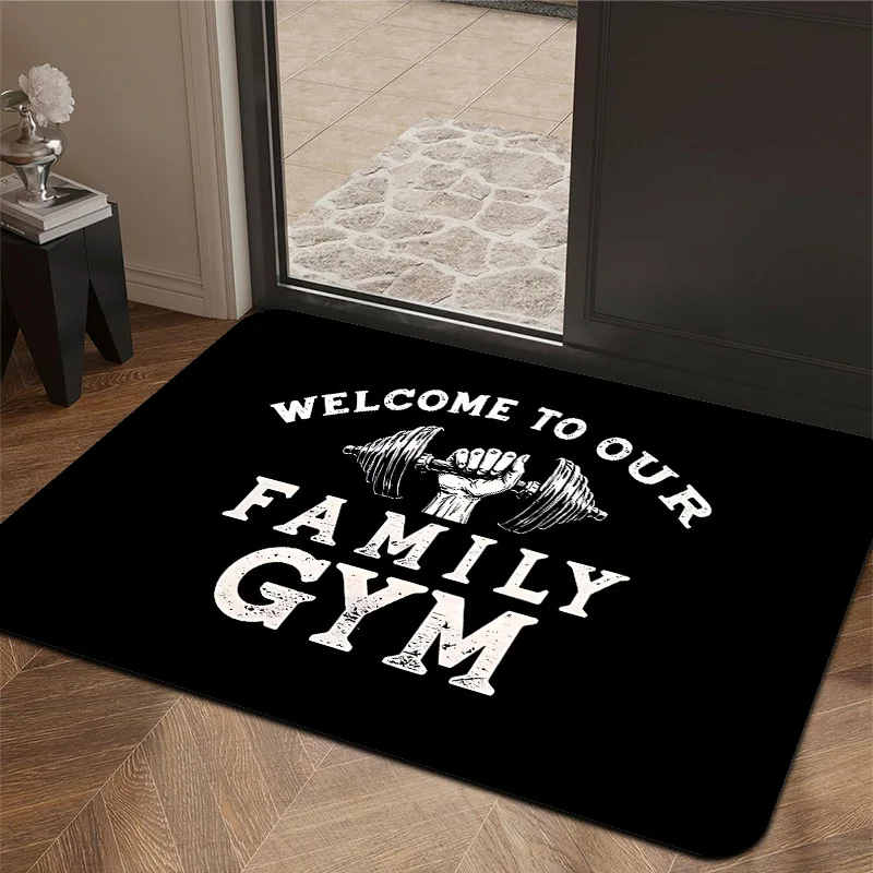 Tapis de sol antidérapant imprimé avec slogan « Family Gym Dumbbell », tapis décoratif d'entrée pour la maison, la salle de sport, l'aménagement intérieur