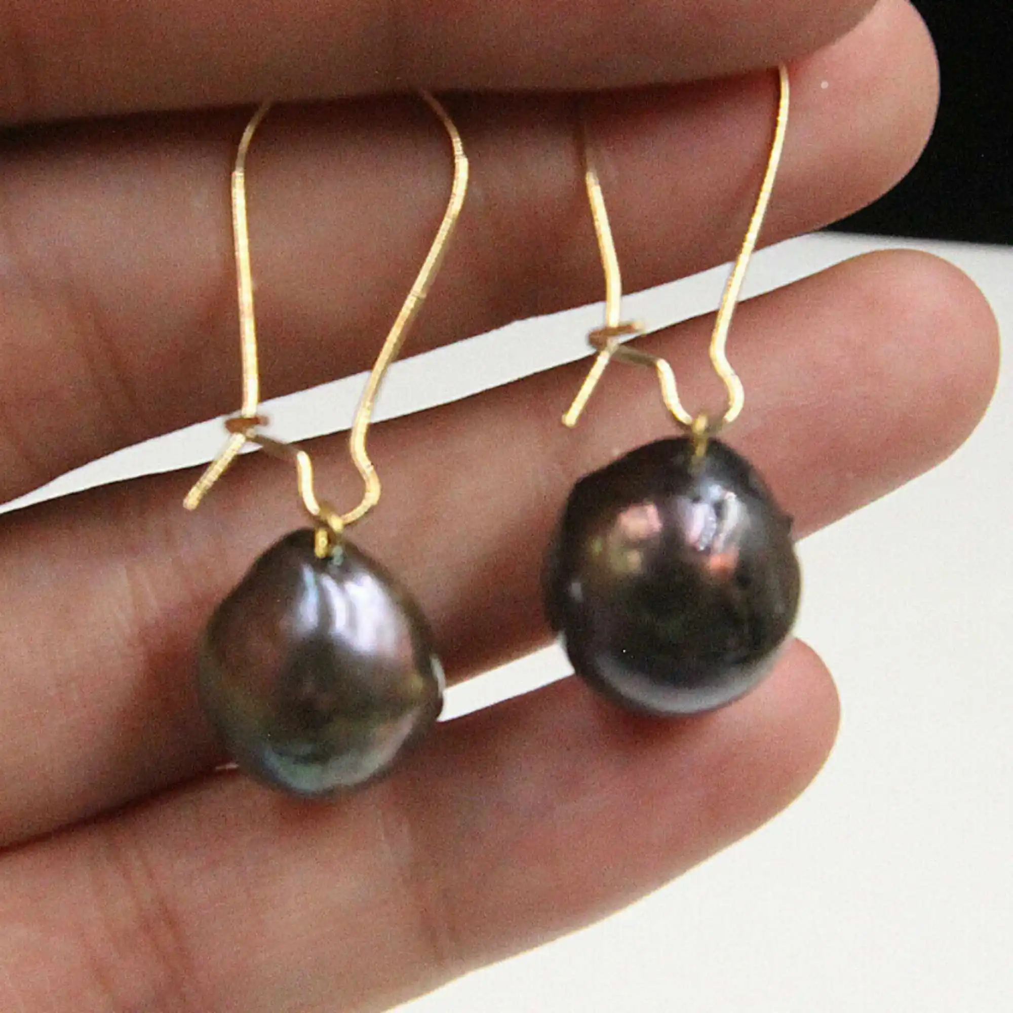 11-13mm Cultured Black Baroque Pearl Earrings 18K Gold Ear Drop Hoop Fashion Holiday gifts Thanksgiving Mother's Day Diy Classic