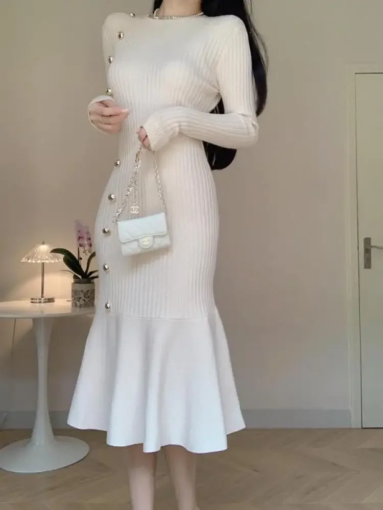 Elegant Knitted Fishtail Dress for Women Autumn Winter White Black O-neck High Waist Slim Chic Party Solid Button Dresses