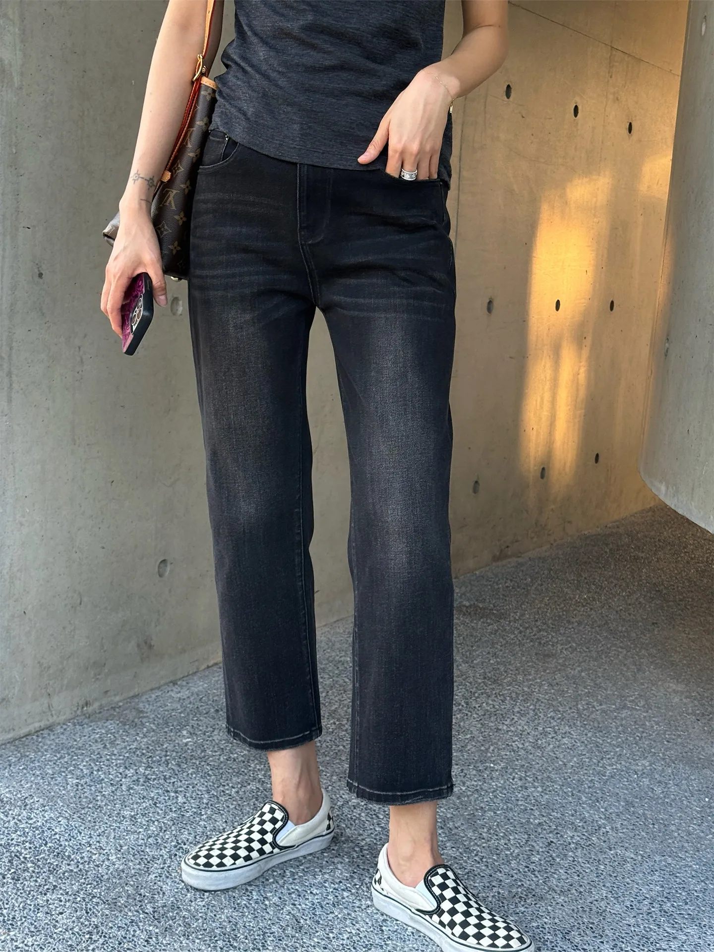 

Women's Straight Leg Jeans Black Slim Fit Nine Tube Pants Spring Summer Washed Natural Waist Cotton Zipper Casual Trousers