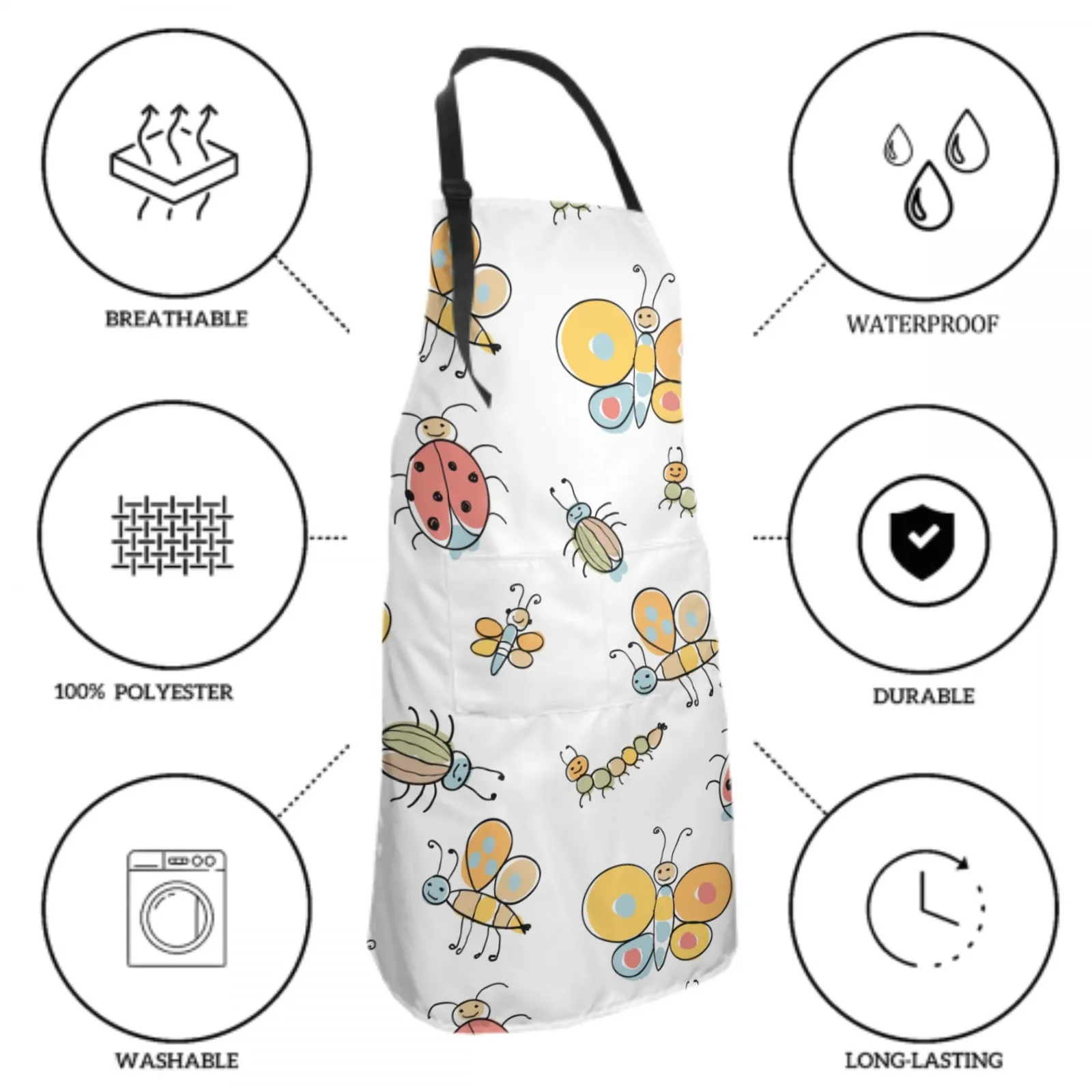 Butterfly Waterproof Apron with 2 Pockets Kitchen Chef Apron Colorful Apron for Hair Brushing Cooking Baking Painting Gardening