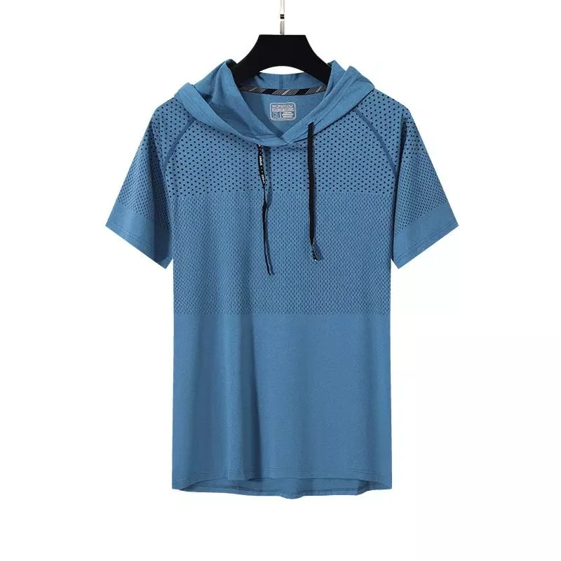 Camiseta Masculina de Secagem Rápida com Capuz e Manga Curta, Respirável, Elástica, para Academia, Corrida, Treino, Slim Fit, Esportiva