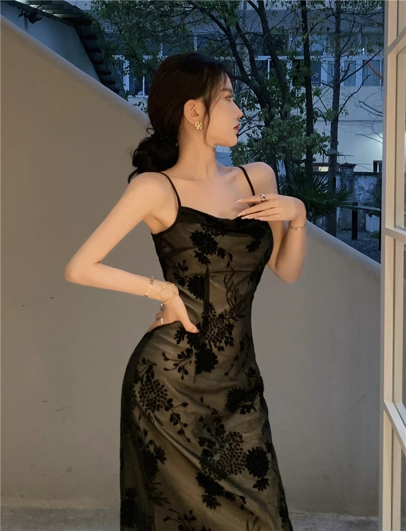 Lace Black Elegant Women Dress Vintage Strap Embroidery Floral Mermaid Midi Club Gown Robe Femme Ropa Sexy Mujer Verano Vestidos