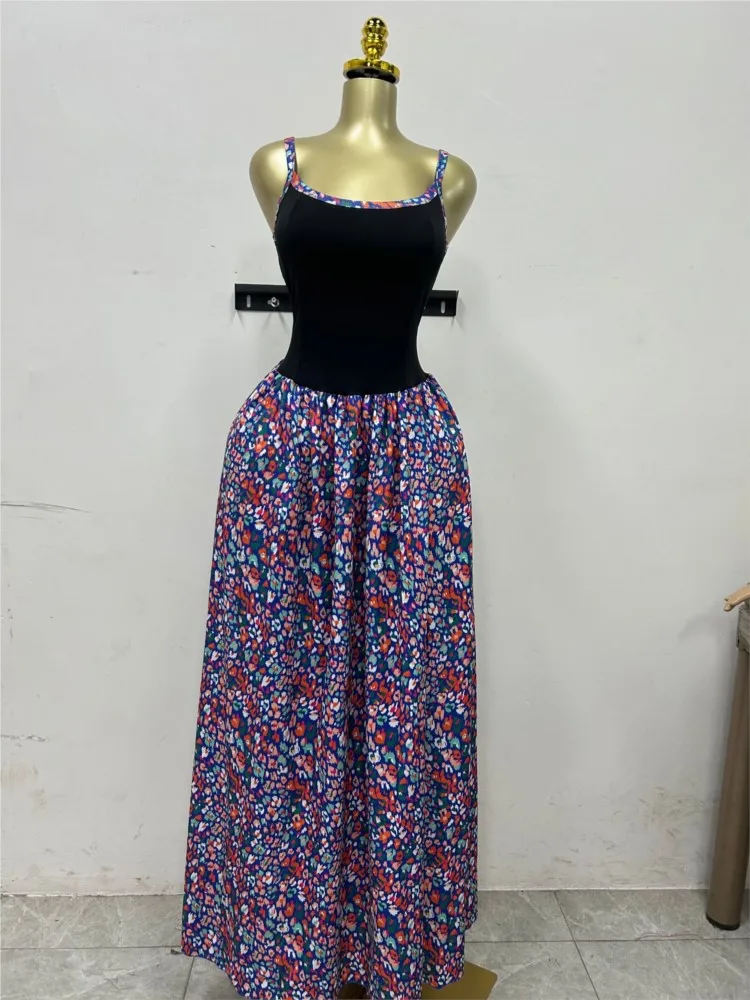 Bohemia Vintage Fashion Floral Print Dress Woman's Summer Leisure Beach Halter Long Dress Ladies Elegant Color Matching Vestidos