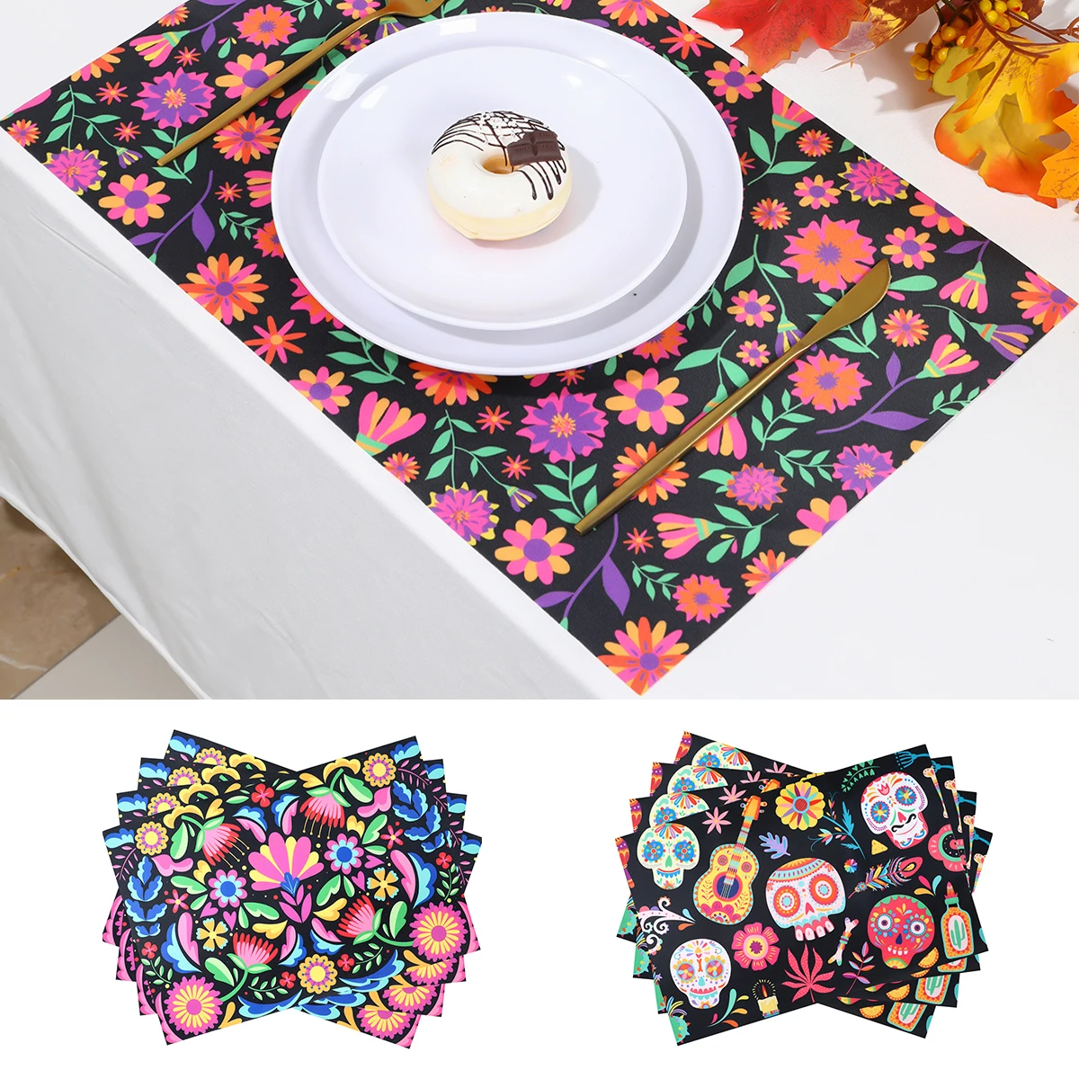 

4pcs Mexican Style Colorful Skull Placemats Dia Muertos Decor and Table Protection Day of The Dead Home Supplies Decoration Mat