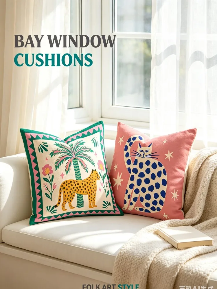 Boho Tropical Animal Throw Pillow Covers, Retro Folk Art Cheetah Palm Tree & Blue Polka Dot Cat Decorative Square Cushion Cases,
