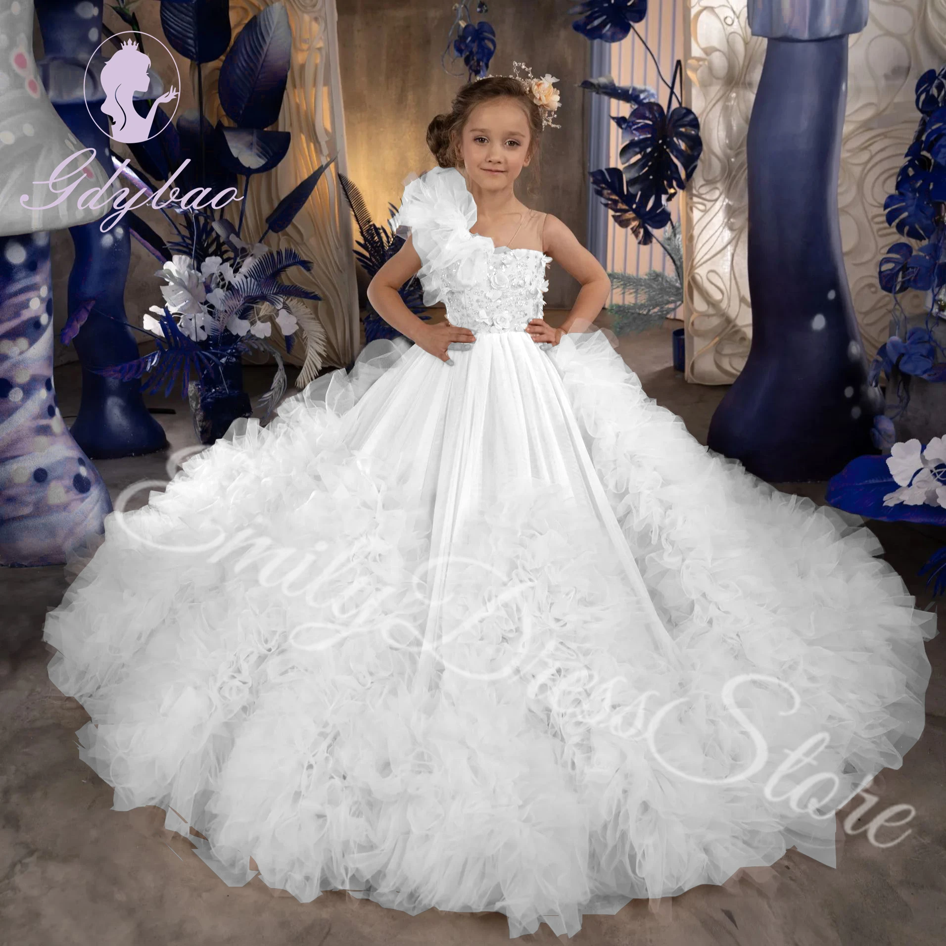 

Customized White Satin Flower Girl Dress For Wedding Layered Applqique Puffy Pleated Kids Birthday First Communion Ball Gown