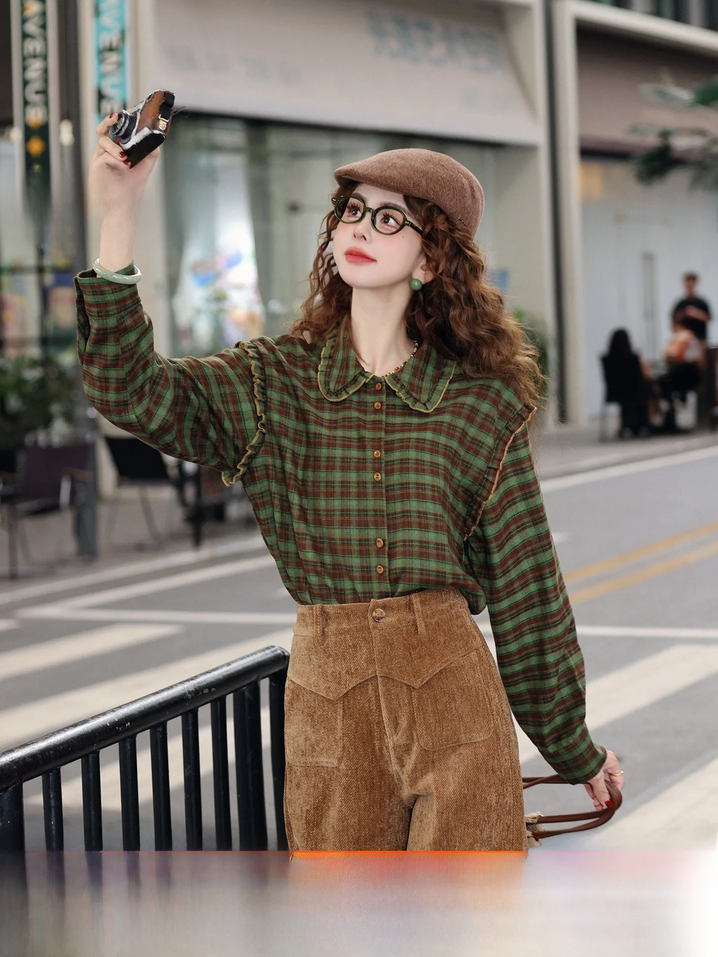 

Chen Jiajie Tartan irt Women's Loose Long Sve Vintage Sle Polyester Fiber Warmth Collar Open Cardigan Sle Winter Fas...