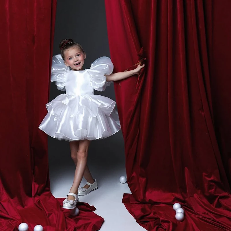 

Eightree White Flower Girl Dress For Wedding Puffy Knee Length Short Sleeves Cute Baby Kids Birthday First Communion Ball Gowns