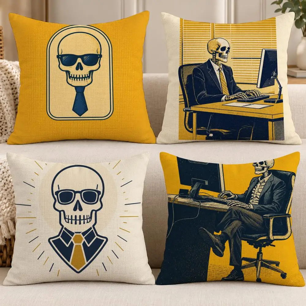 Art Funny O-Office Work Overtime Skull Cushion Cover Soft Short Cover Washable Sofa Bed Dorm Garden Home Office Chair Decor