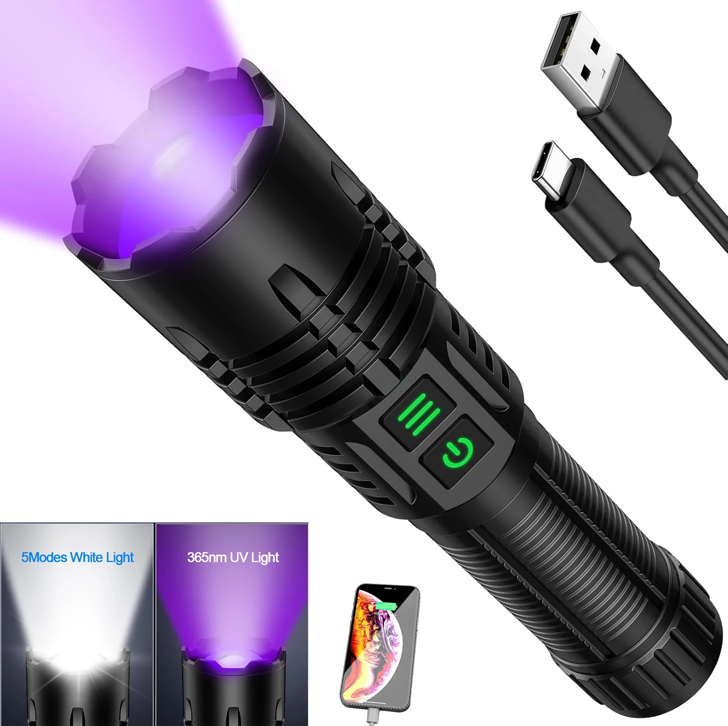 

Powerful White+UV Flashlight Rechargeable Zoomable Camping Torch 365nm Blacklight for Pet Urine Detection Resin Curing Scorpion