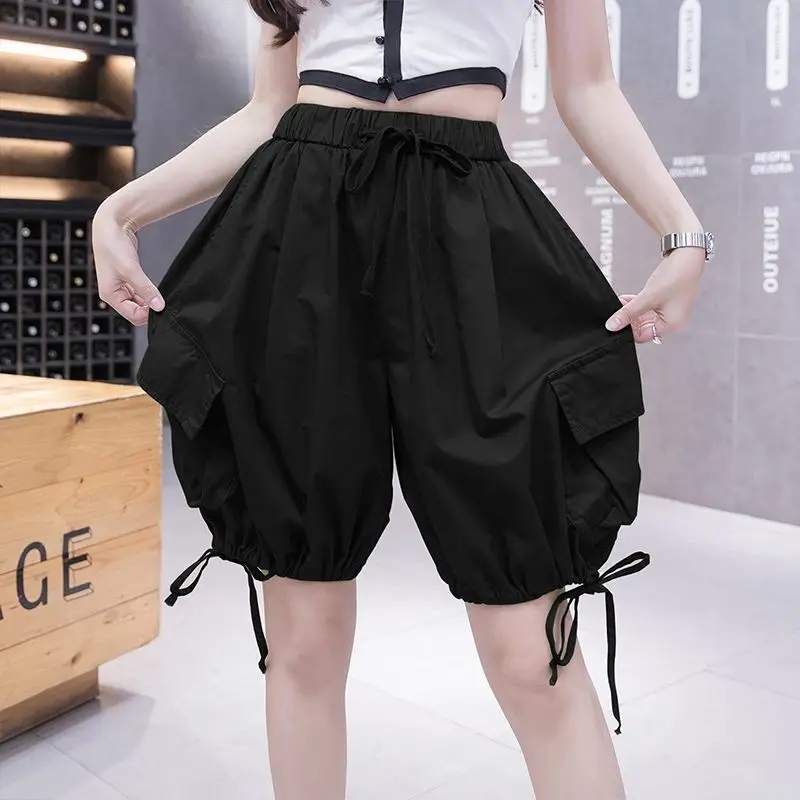 2024 Summer Korean New Shorts Women's Spliced Pockets Solid Color Elastic High Waisted Drawstring Loose Casual Wide Leg Trousers