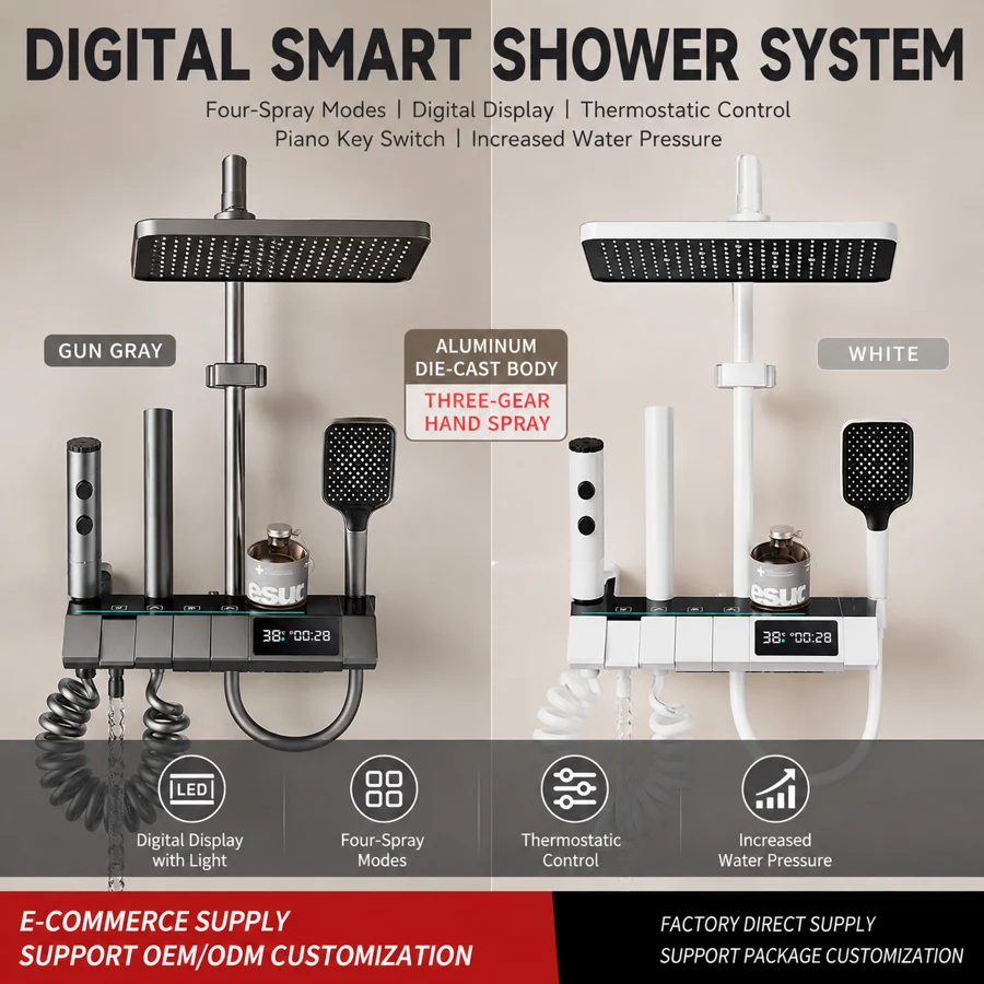 Smart Digital Display LED Thermostatic Shower Set Polished Brass Rain & Jet Spray Complete System for Hotel Apartment Bathroom