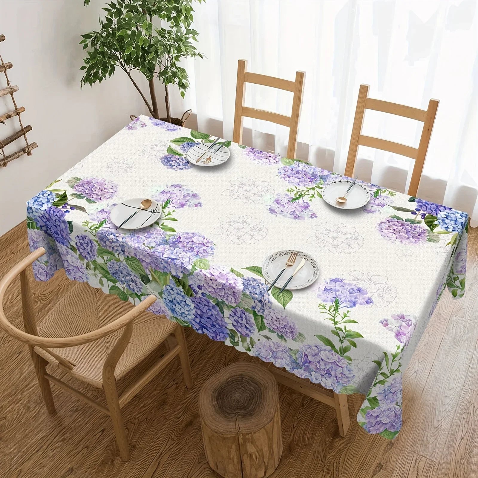 One round rectangular tablecloth, with a blue and purple floral pattern, featuring elegant hydrangea decorations for the homeyzb