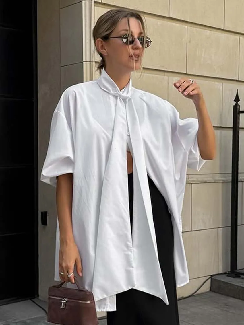 

Oymimi Fashion White Loose Woman Blouses Elegant Lace-Up Neck Puff Sleeve Blouses Casual New Single Breasted Solid Blouse Female