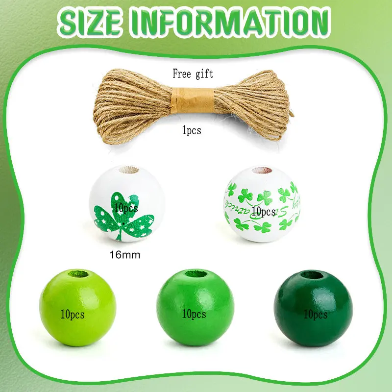 16mm St.Patrick\'s Day Wooden Beads Green Shamrock Good Luck Loose Farmhouse Beads For Jewelry Making DIY Home Decors 50pcs