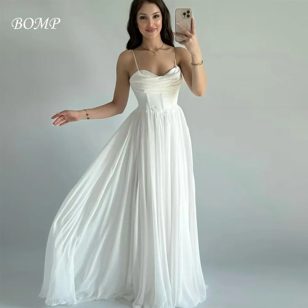 

BOMP Simple Wedding Party Dress Sweetheart Spaghetti Strap Draped Floor Length White Satin Evening Gown Customized Saudi Arabic