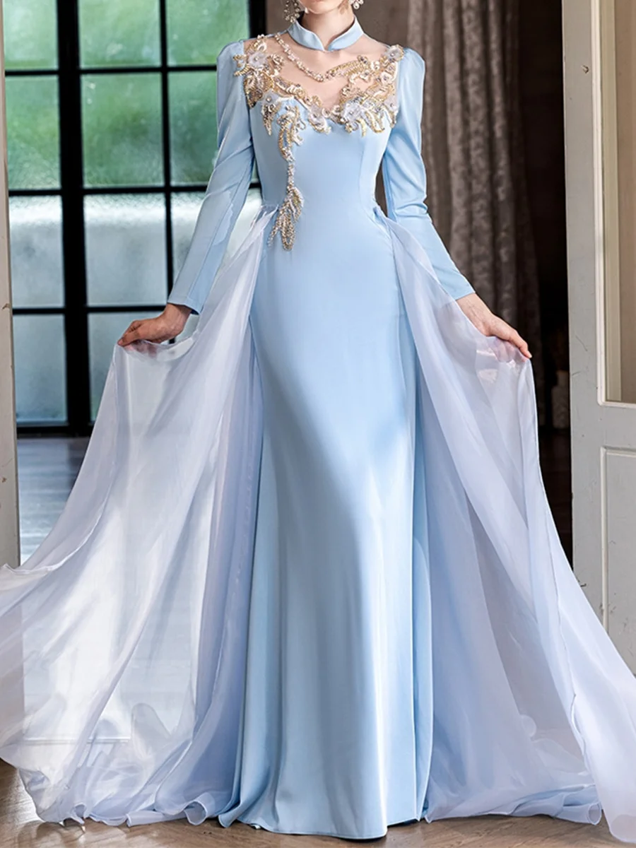 

Elegant High Collar Appliquins Full Sleeve Straight Formal Evening Dresses Birthday Party Prom Gowns Customized