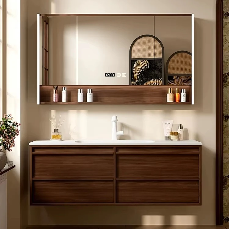 *&q Solid Wood Skin Feeling Seamless Basin Skeleton Cabinet Wall-mounted Bathroom Vanity Combo Sink LED Touch Water Resistant