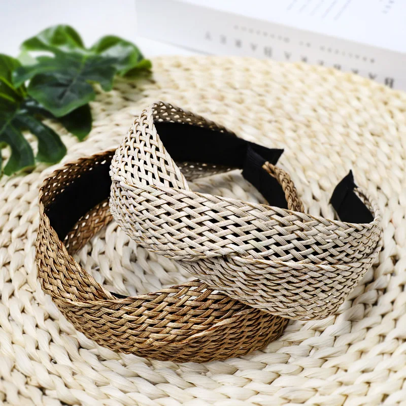 New Handmade Straw Weaving Cross Knotted Braided Headband Women Girls Hair Hoop Hand-woven Wide Head Band Women Hair Accessories