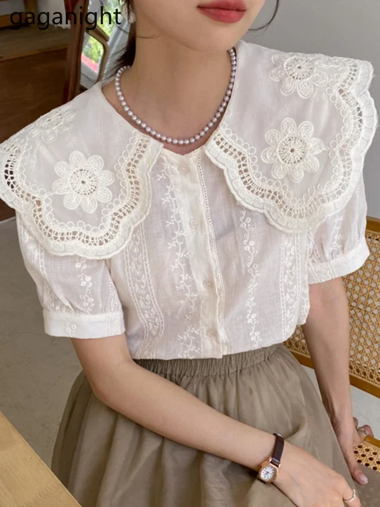 Gaganight Women Korean Chic Doll Collar Embroidered Hook Flower Blouse French Single breasted Puff Sleeve Shirt Female Top