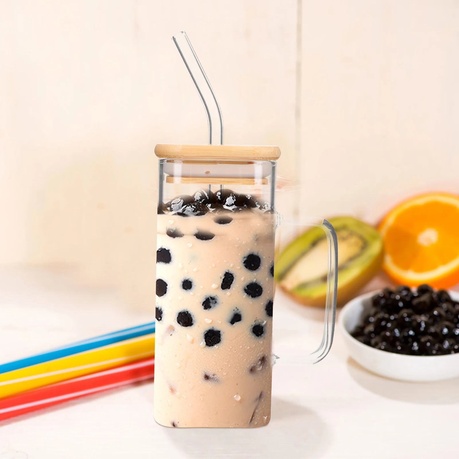 

Square Glass Cup Bamboo Lid 500ml Heat Resistant Portable Transparent Drink Coffee Mug Can Shaped Clear Bottle Water Glass Straw