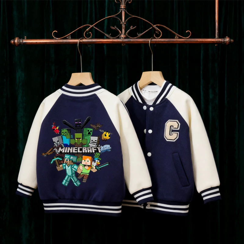 Pixel Game Theme Children Jackets Minecrafted Baseball Coats Embroidered Letters Cardigan Spring Autumn Boys Outerwear Clothing