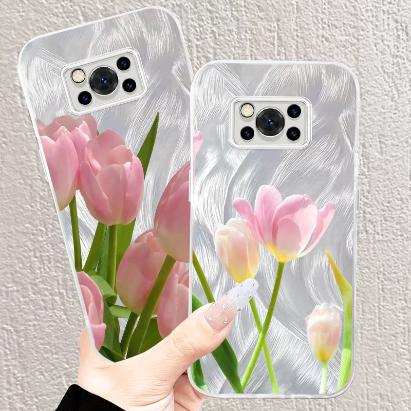 

Tulip Rose Pink Flower Self For Xiaomi Poco C65 M6 M3 X6 X5 X3 Redmi 13C 12 12C 10C 10 9T 9A 9 Pro 5G Feather Yarn TPU