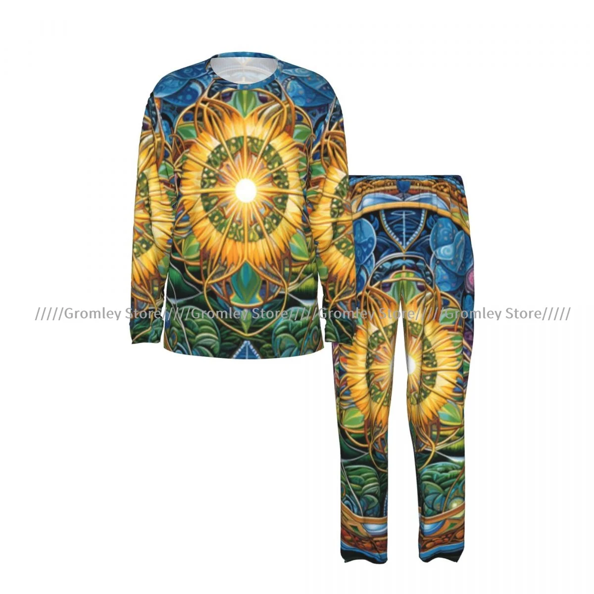 Sacred Glyphs Divine Men's Pajama Set Long Sleeve T Shirt and Long Pants Sleepwear Male Nightwear Home Suit