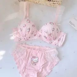 2024 Sanrio Bra Set Hello Kitty Kawaii Sweet Underwear Panties Push-Up Bra Comic Underwear Sexy Pure Desire Bra Girl Gift