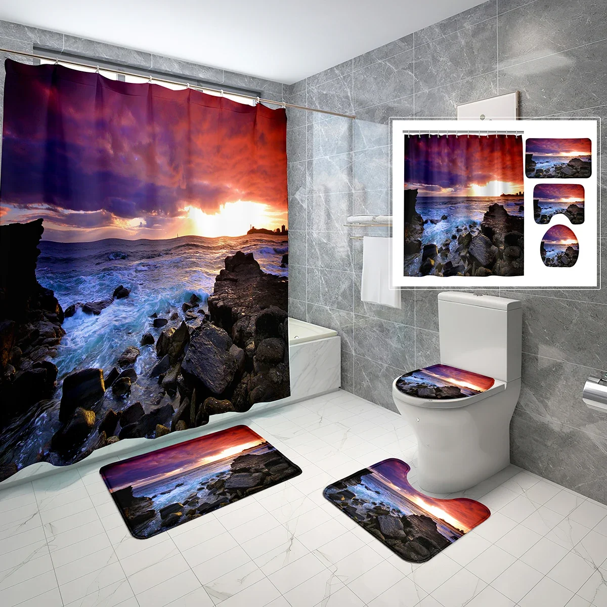 4PCS Beach Shower Curtain Sets Sunset Ocean Summer Holiday Bathroom Waterproof Bath Curtain Non-Slip Bath Mat Toilet Lid Cover