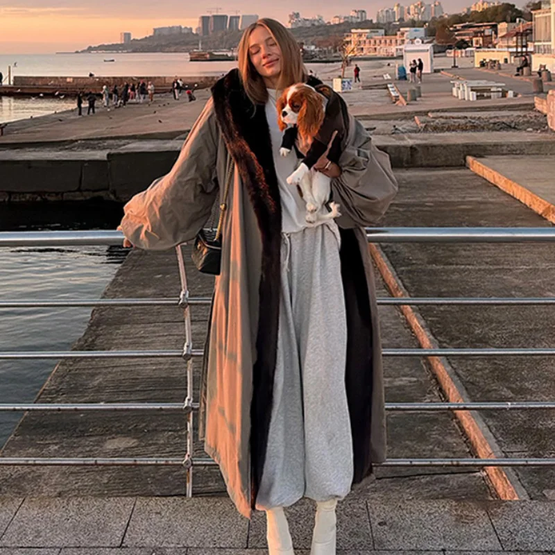 

Women Fashion Oversize Long Khaki Coat Vintage Faux Fur Collar Jacket 2025 New Lady High Street Puff Sleeve Lapel Overcoat