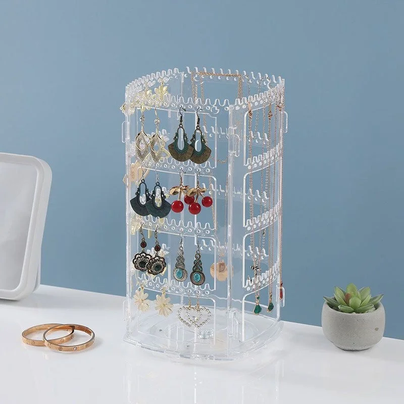 360 Degree Rotating Jewelry Storage Box Earring Display Stand Plastic Earring Organizer Holder Showcase Jewelry Makeup Case