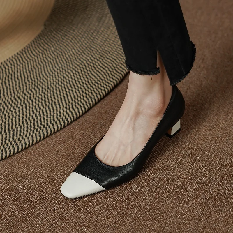 

Women Shoes On Heel Dress Career PumpsSlip-On Ladies Shoes Cowhide Pumps Round Toe Spring Autum Thick Heeled Simple Shoes