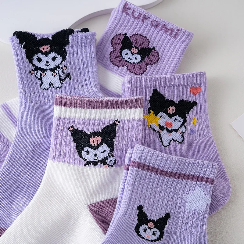 Sanurgente Kuromi-Chaussettes mi-mollet en coton pour enfants, dessin animé, bébé, filles, automne, hiver, 5 paires