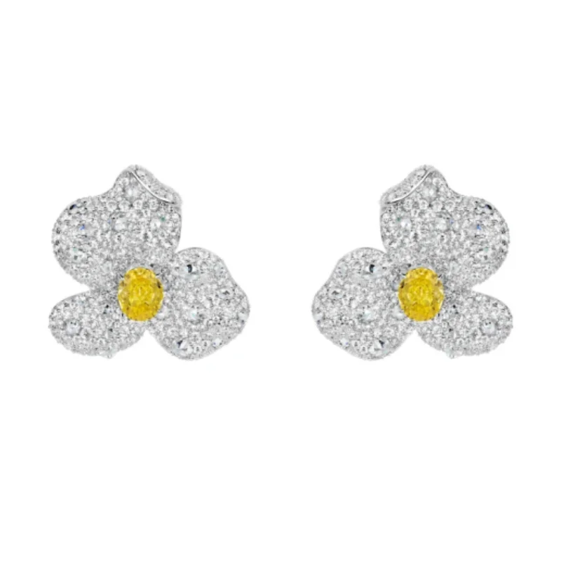 BELLUX Platinum Plated 925 Silver Synthetic Zircon Earrings Yellow White Full Diamond Three Petal Flower Fashion Earrings