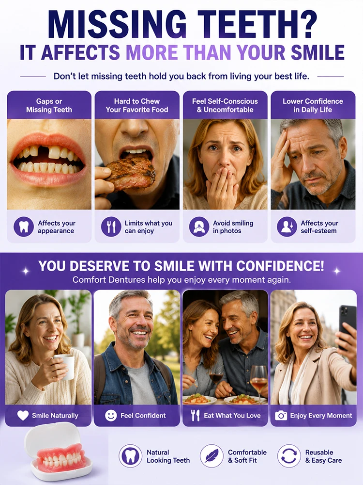 Natural Full Denture Set Upper Lower Silicone False Teeth for Men Women Instant Confident Smile Fake Tooth Oral Hygiene Care