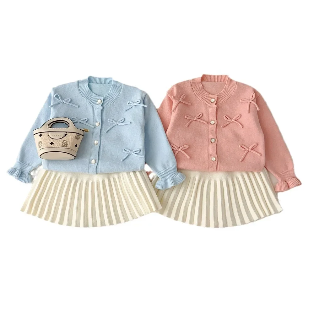 Girls Sets 2024 Autumn and Winter New Girls Bow Knitted Sweater Cardigan Solid Pleated Skirts Baby Girls Stylish Two-piece Set