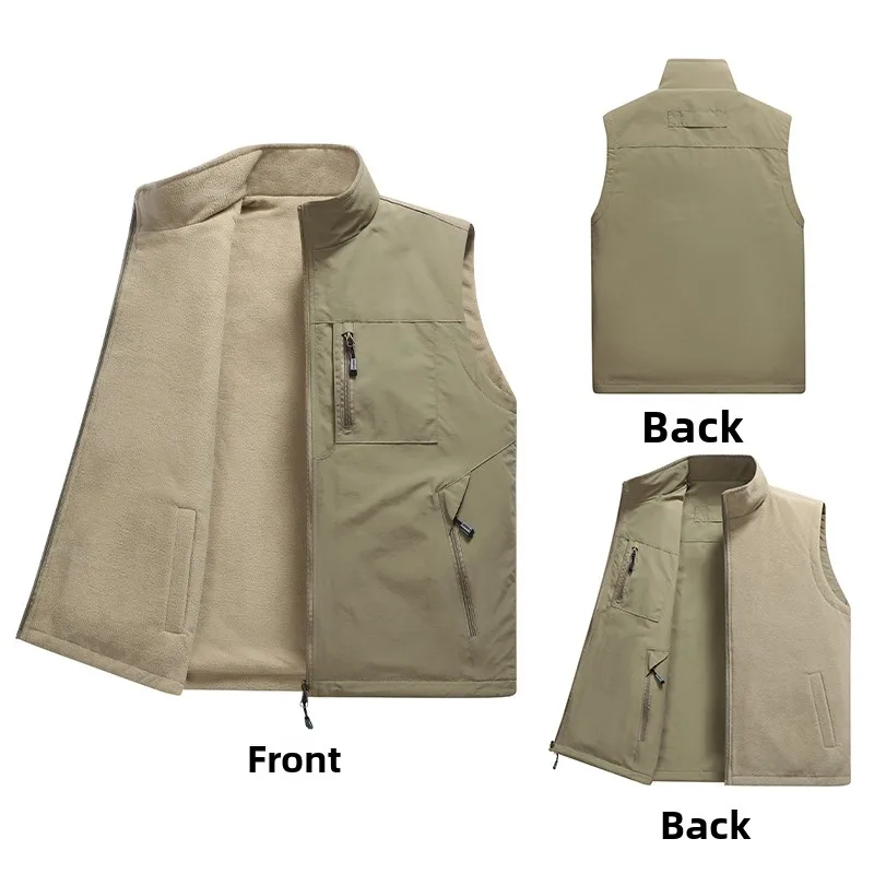 

Double-Sided Wear Fce-Lined Thiened Stand Collar Workwear Men's Vest Autumn Winter Casual Sle Multi-ket Utili Jaet